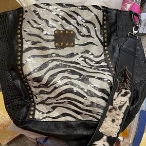Zebra Print Shoulder Bag with Gold Accent and Black Trim—CROSS POSTED
